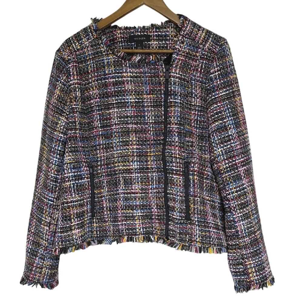 Halogen Womens Sz 1X Multicolor Tweed Fringe Zip-Front Pockets Jacket
